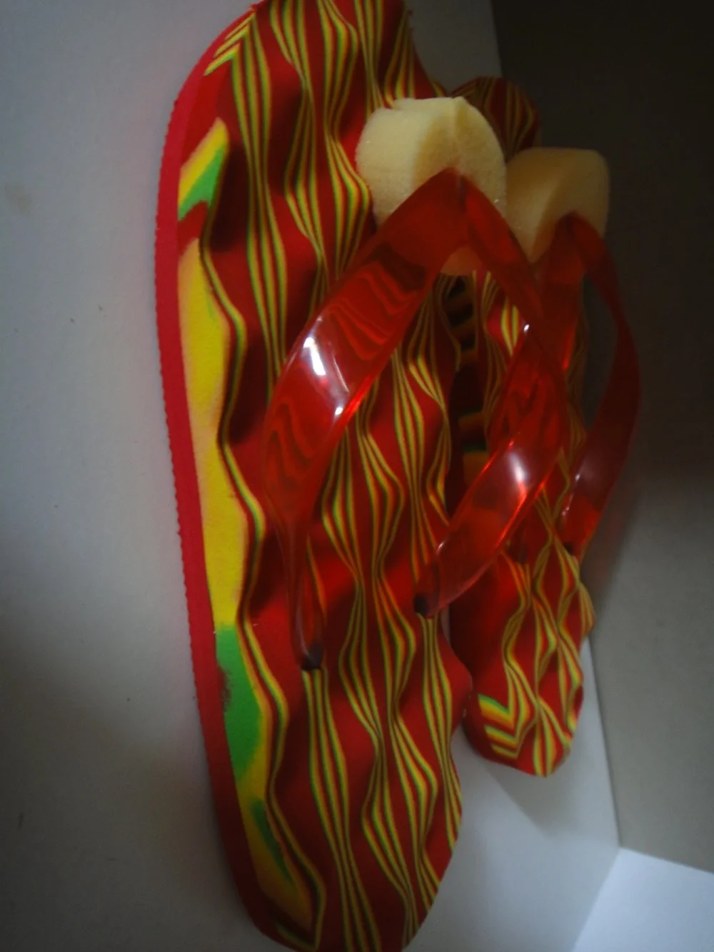 Women's Red Striped Flip Flop Sandals with Translucent Red Straps